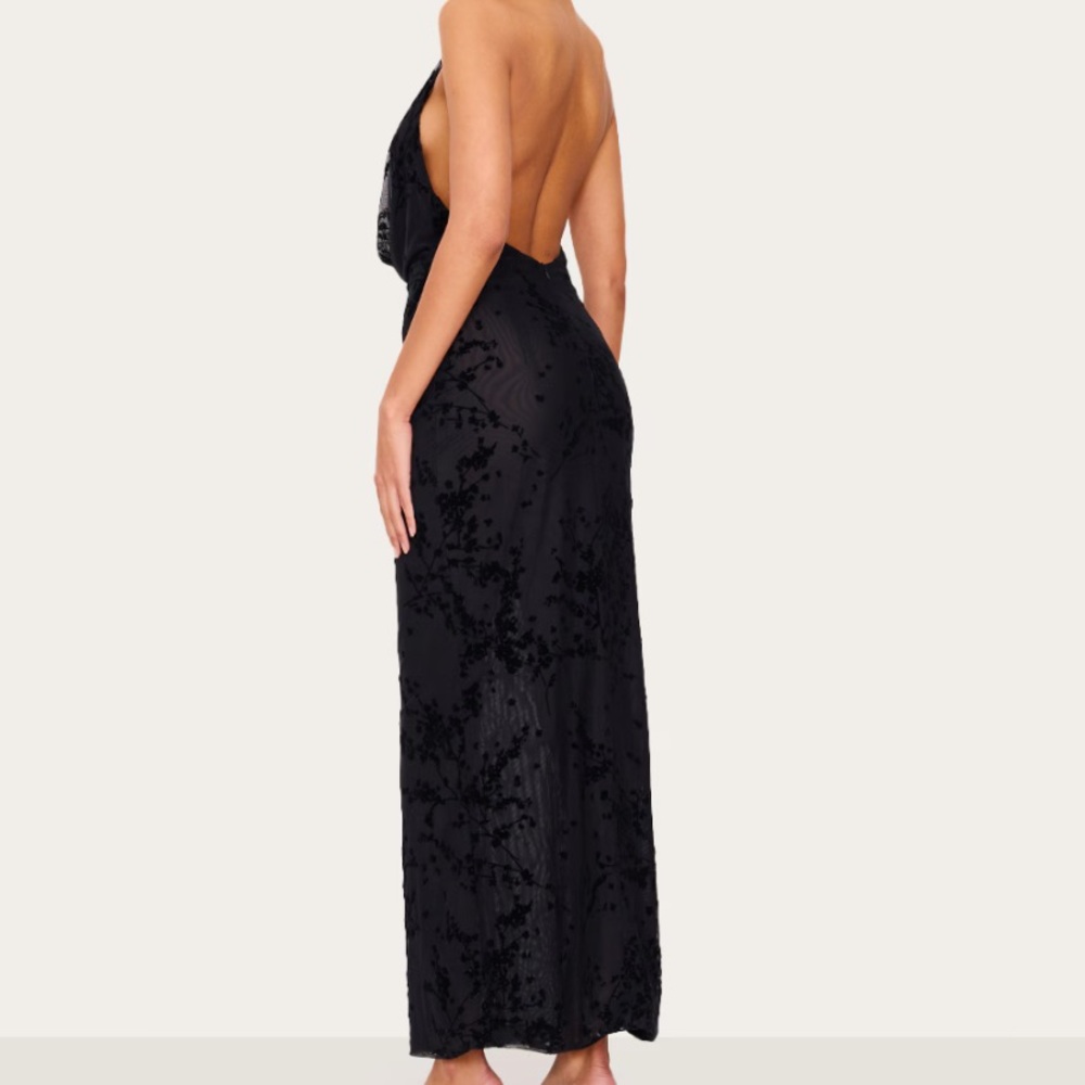 BLACK DEVORE COWL NECK MAXI DRESS Elegant Black Halter backless US 8 semisheer